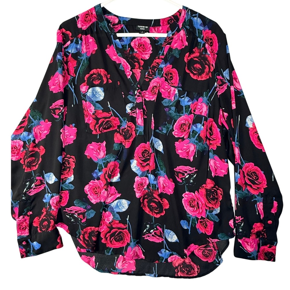 Torrid Harper Blouse 1 Plus Black Pink Rose Moody Floral Top Long Slv Career